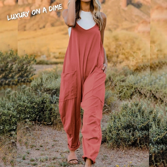 Oversized Hippie V-Neck Sleeveless Wide Leg Pant Pocket Jumpsuit Minimalist - Picture 3 of 7